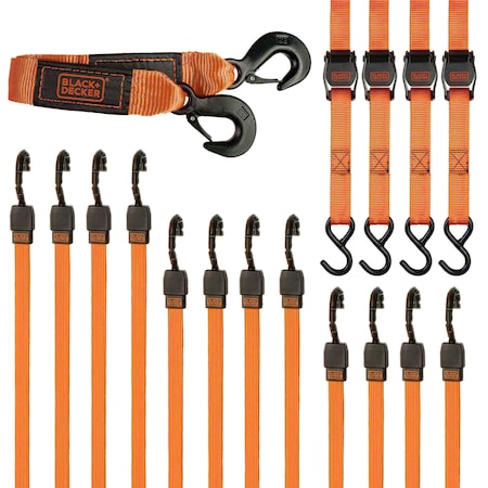 Black & Decker B+D 17Pc Tie Down Kit With Tow Strap/Cambuckle Straps/Premium Flat Bungees BDX1016